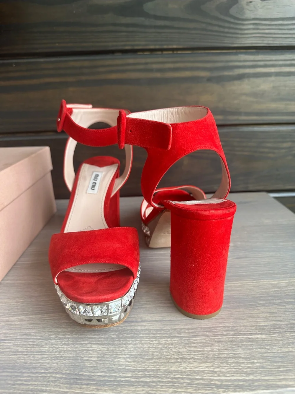 Miu Miu Red Suede Crystal-Trim Platform Sandals
